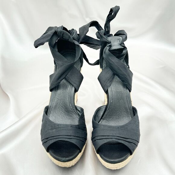 UGG Lucianna Black Silk Leather Espadrille Wedge Sandals 1002916 - Sz 9.5 - Picture 9 of 11